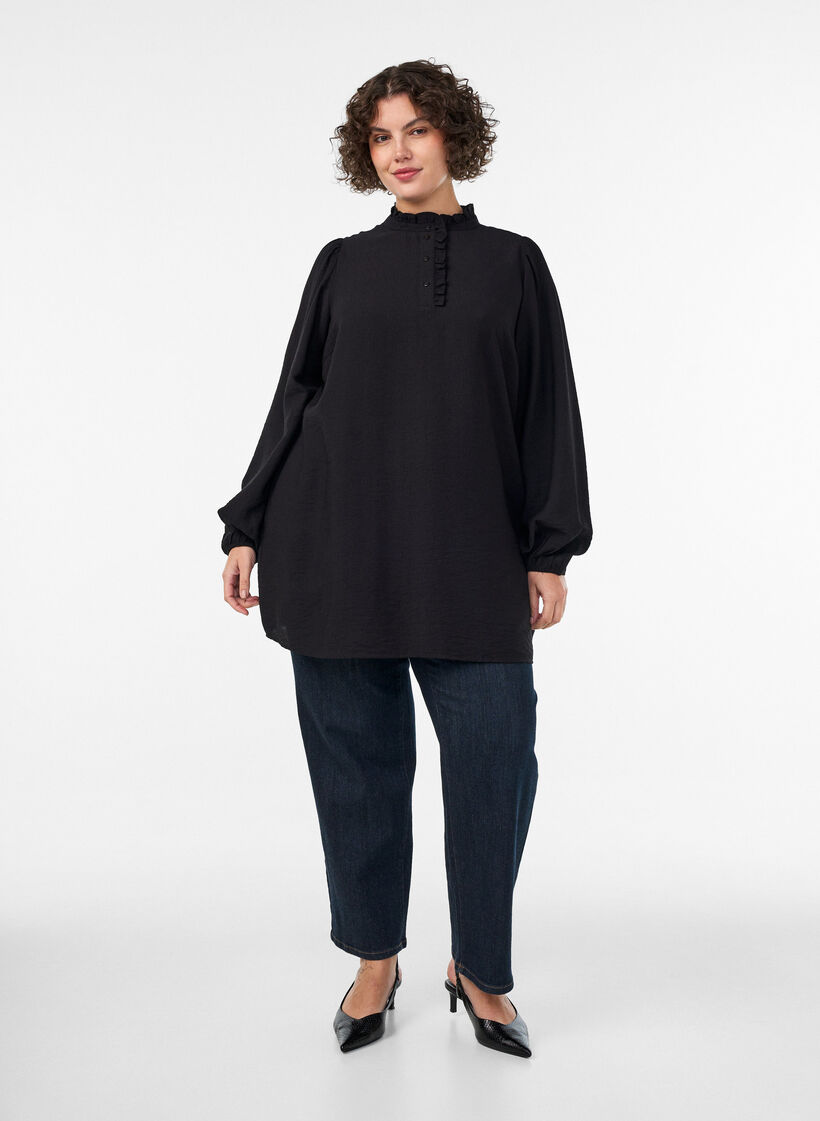Viskoositunika r&ouml;yhel&ouml;ill&auml; ja napeilla, Musta, Model image number 1