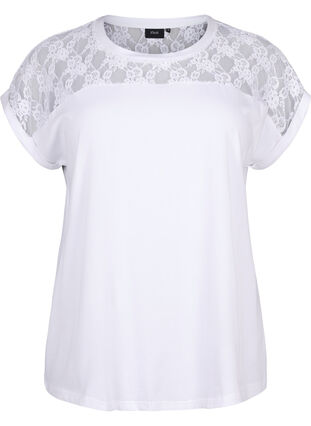 Lyhythihainen pitsikoristeltu t-paita puuvillaa, Bright White, Packshot image number 0