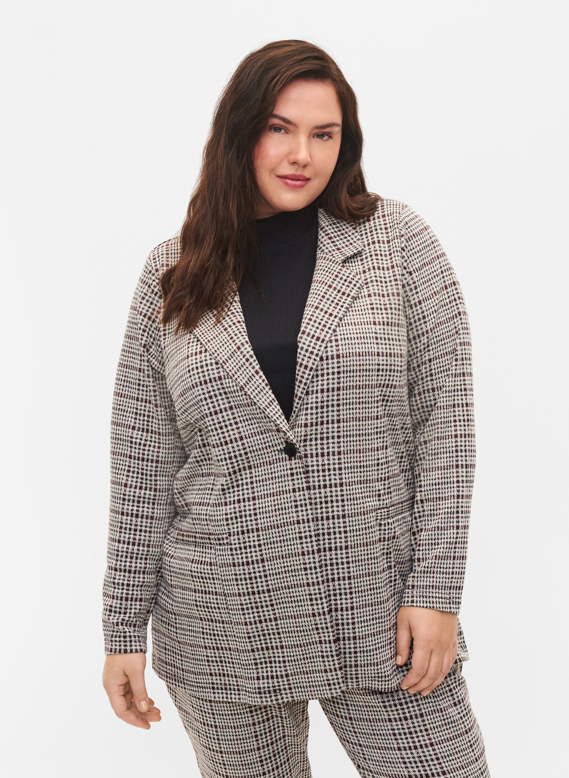 Zizzi Ruudullinen bleiseri napilla, Brown Check, Model image number 0