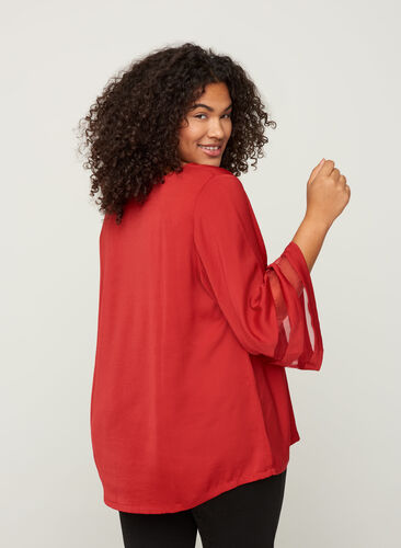 Yksivärinen pusero 3/4-pituisilla hihoilla ja v-aukolla , Haute Red, Model image number 1