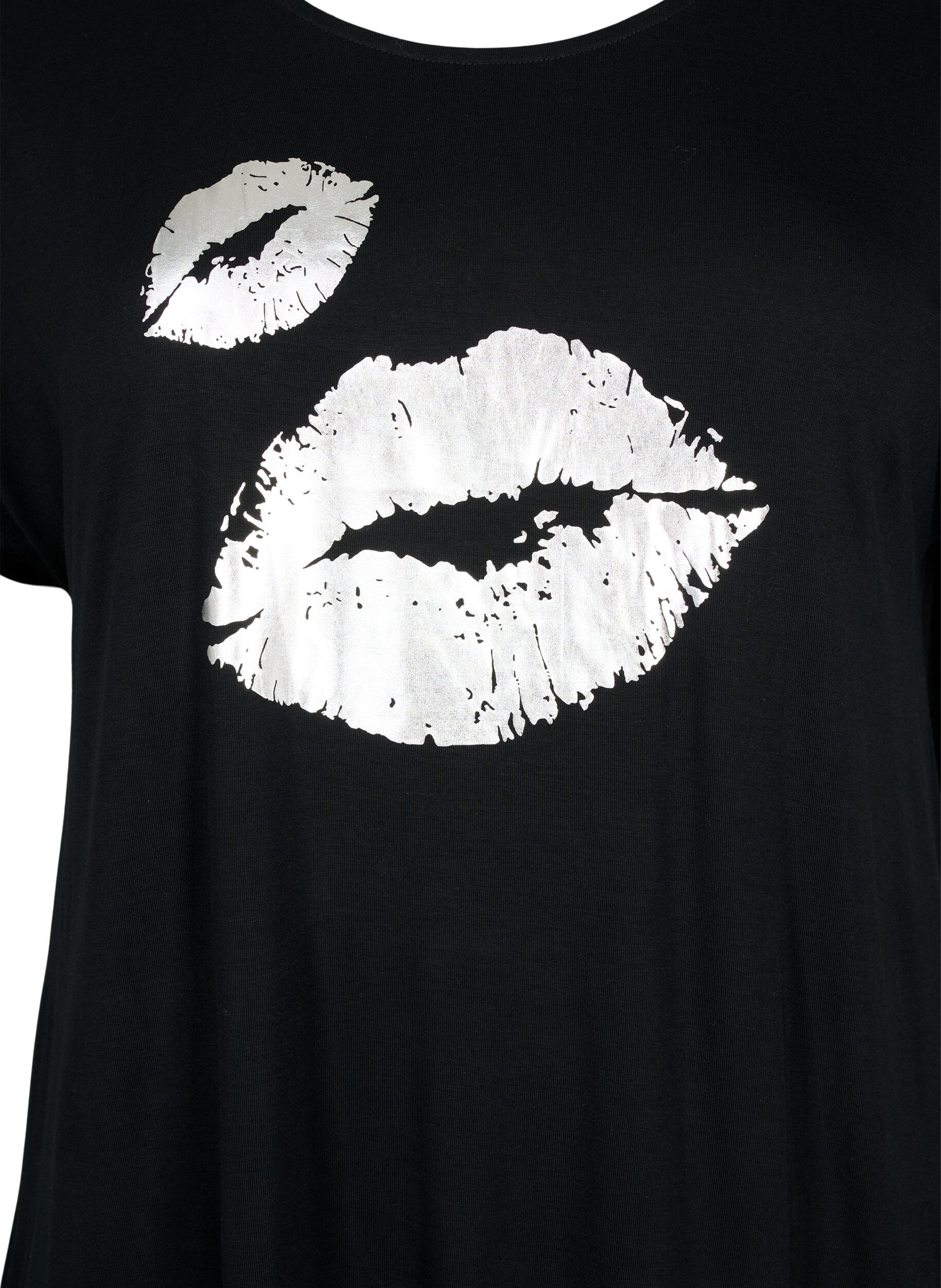 Zizzi Lyhythihainen t-paita viskoosista kultapainatuksella, Black W. Lips, Packshot image number 2