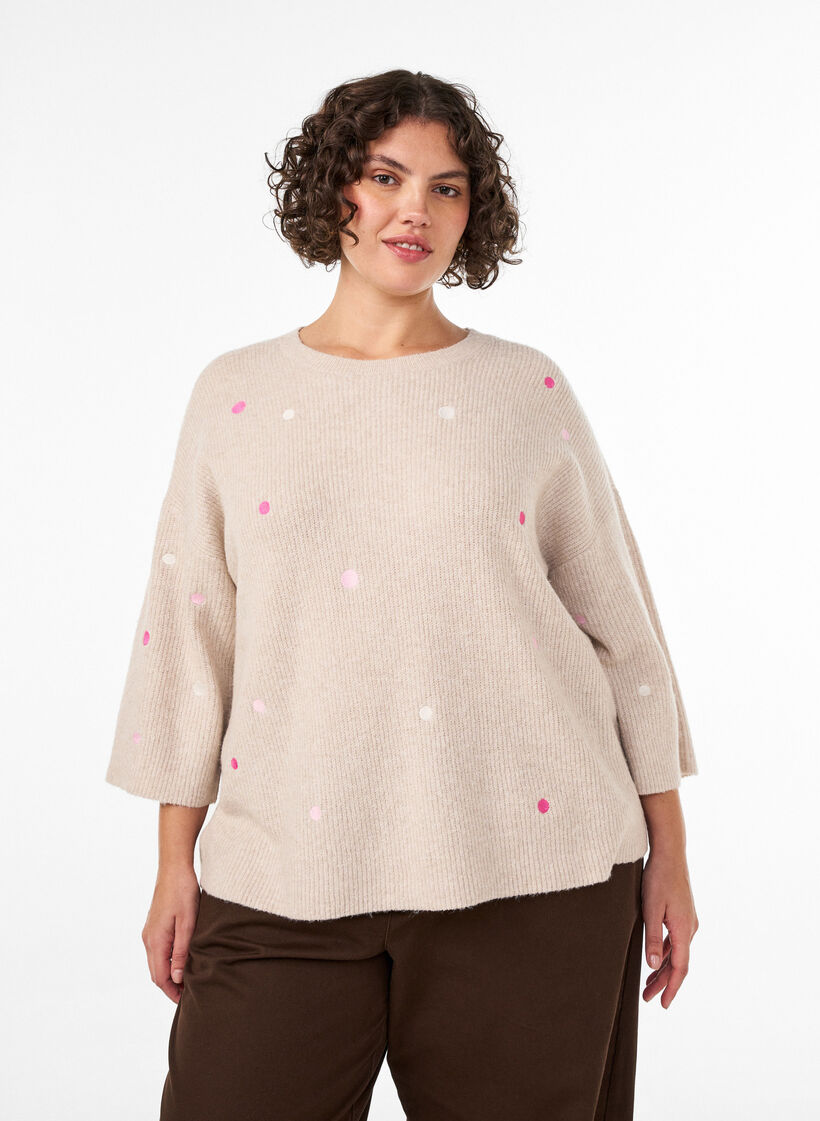 Neulottu pusero pienill&auml; brodeeratuilla kuvioilla, Beige, Model image number 0