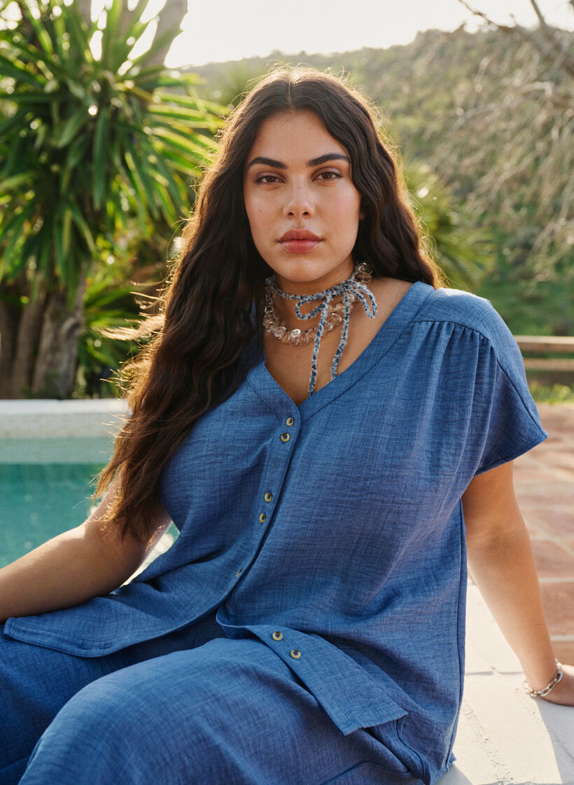 Lyhythihainen paitapusero v-pääntiellä, Sininen, Image image number 0