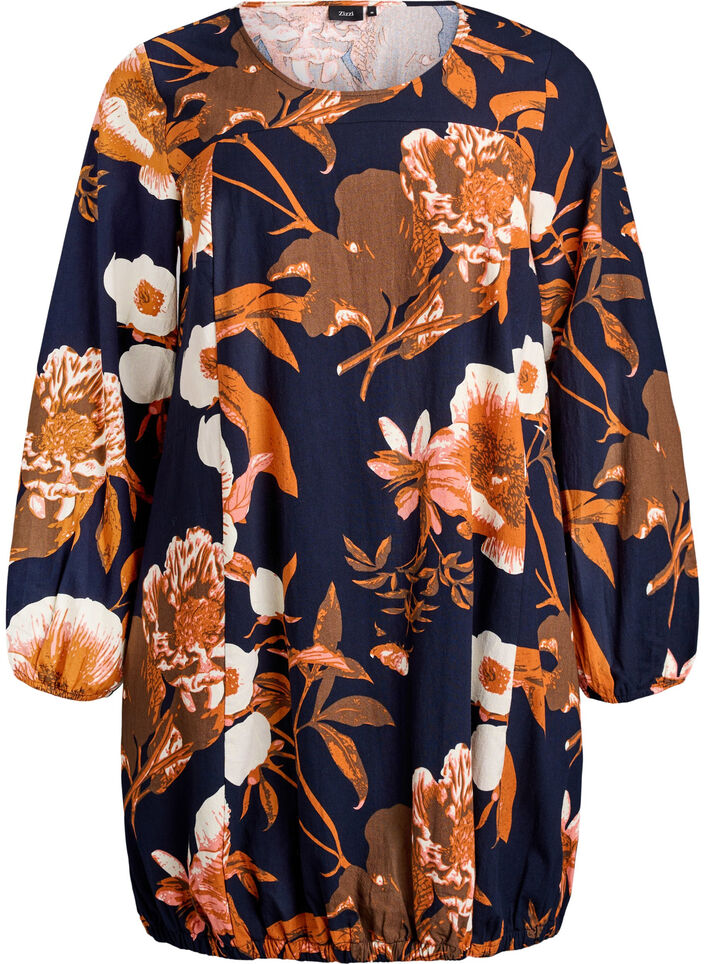 Lyhyt puuvillamekko joustavalla helmalla ja pitkät hihat, Musta, Packshot image number 0