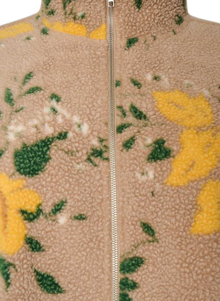 Kukkafleecetakki korkealla kauluksella ja vetoketjulla, Beige, Packshot image number 2