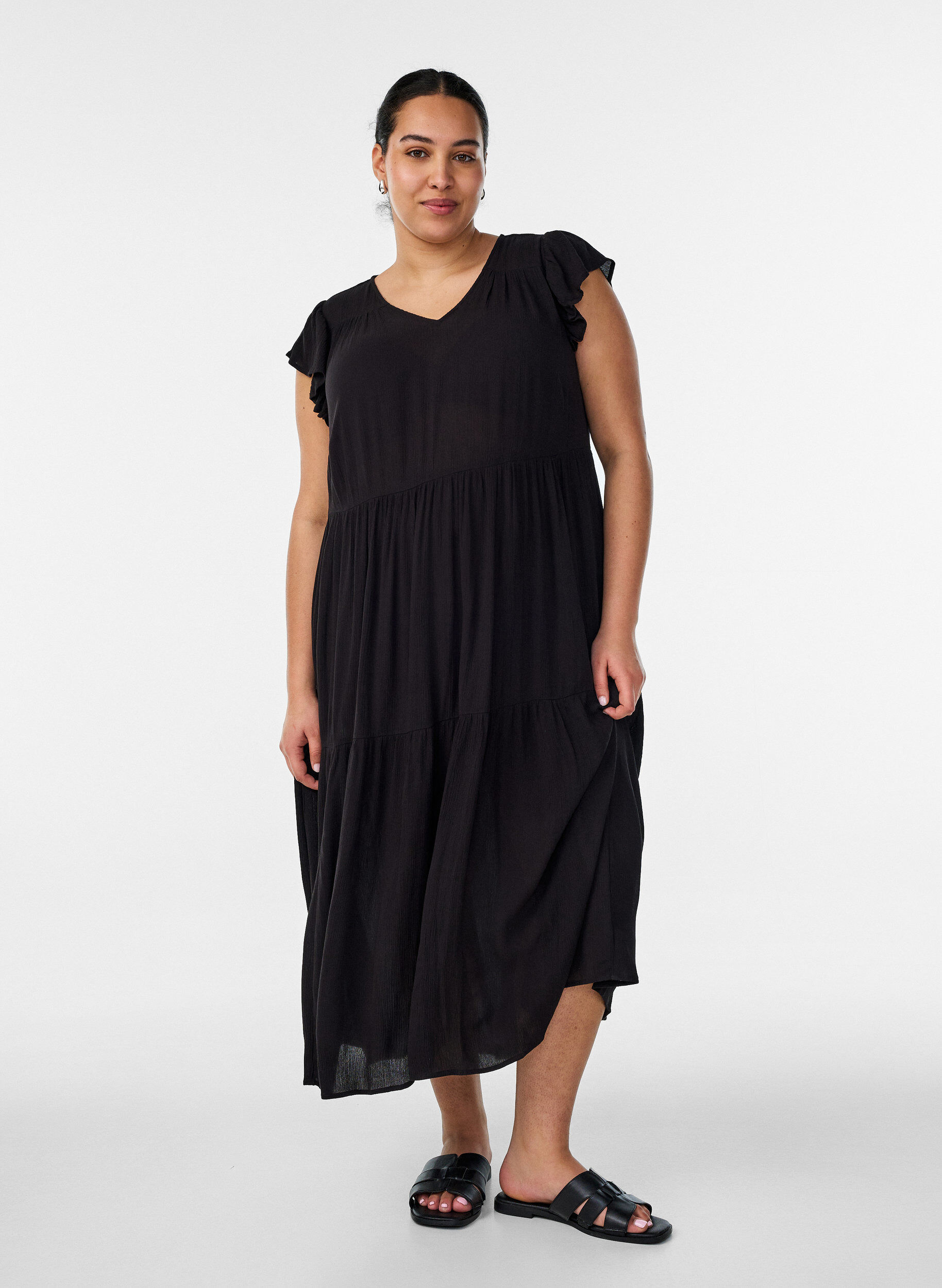 Midimekko viskoosista r&ouml;yhel&ouml;hihoilla, Musta, Model