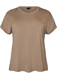 Raidallinen T-paita viskoosista py&ouml;re&auml;ll&auml; p&auml;&auml;ntiell&auml;, Beige