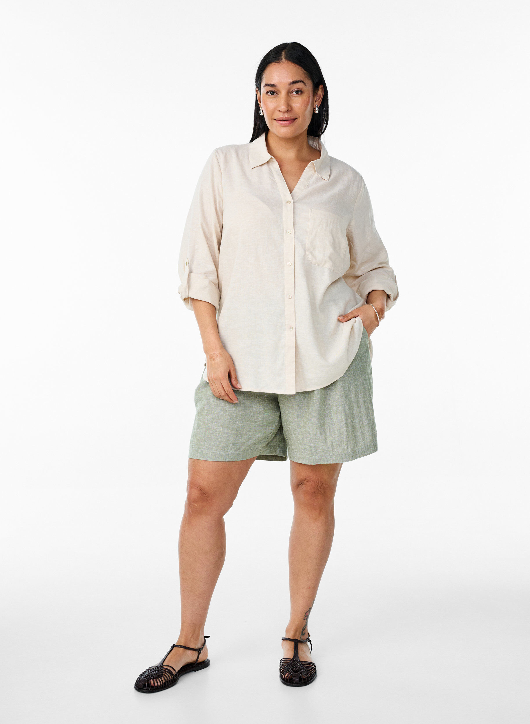 ZizziPaita pellavaa ja viskoosia, 3/4-hihoilla, Beige, Model image number 1