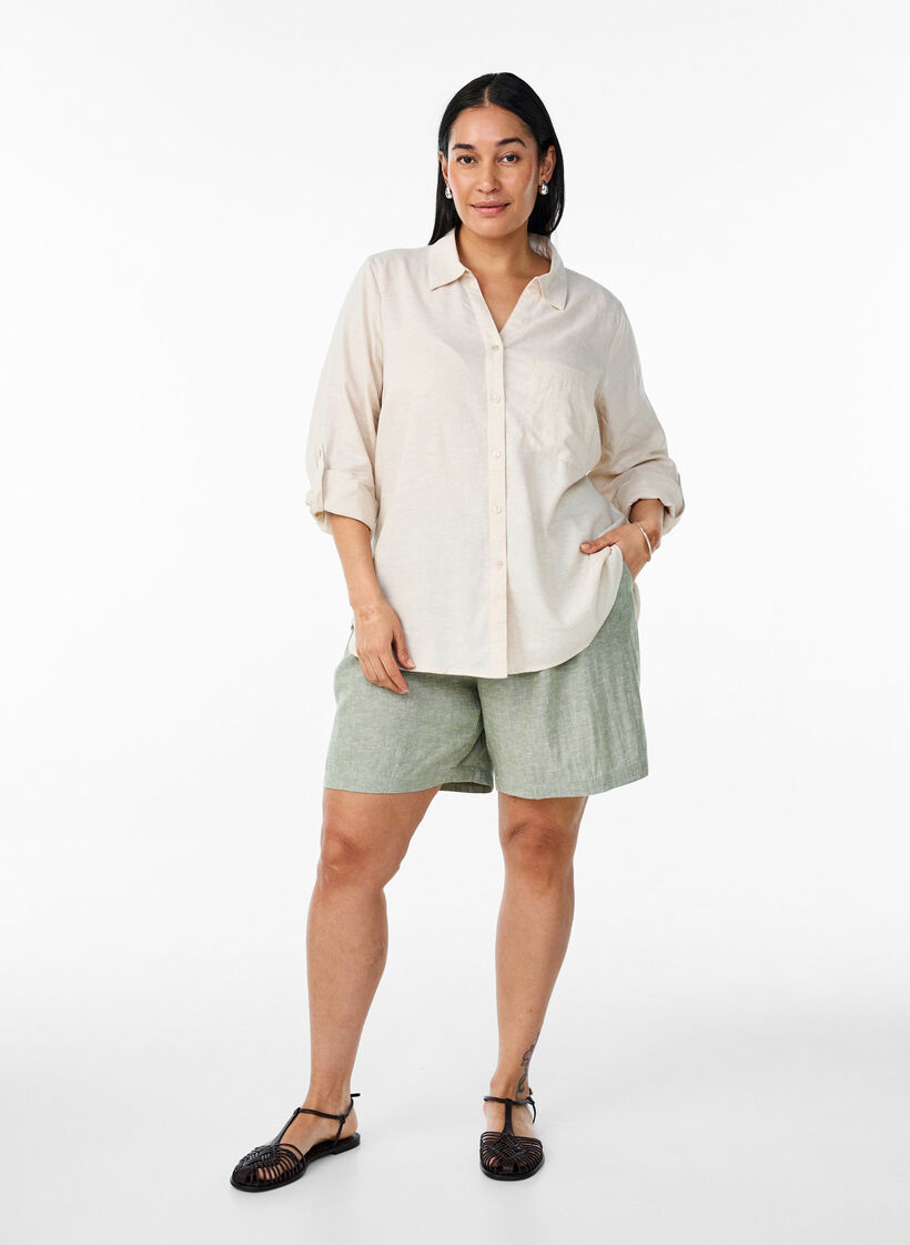 Paita pellavaa ja viskoosia, 3/4-hihoilla, Beige, Model image number 1