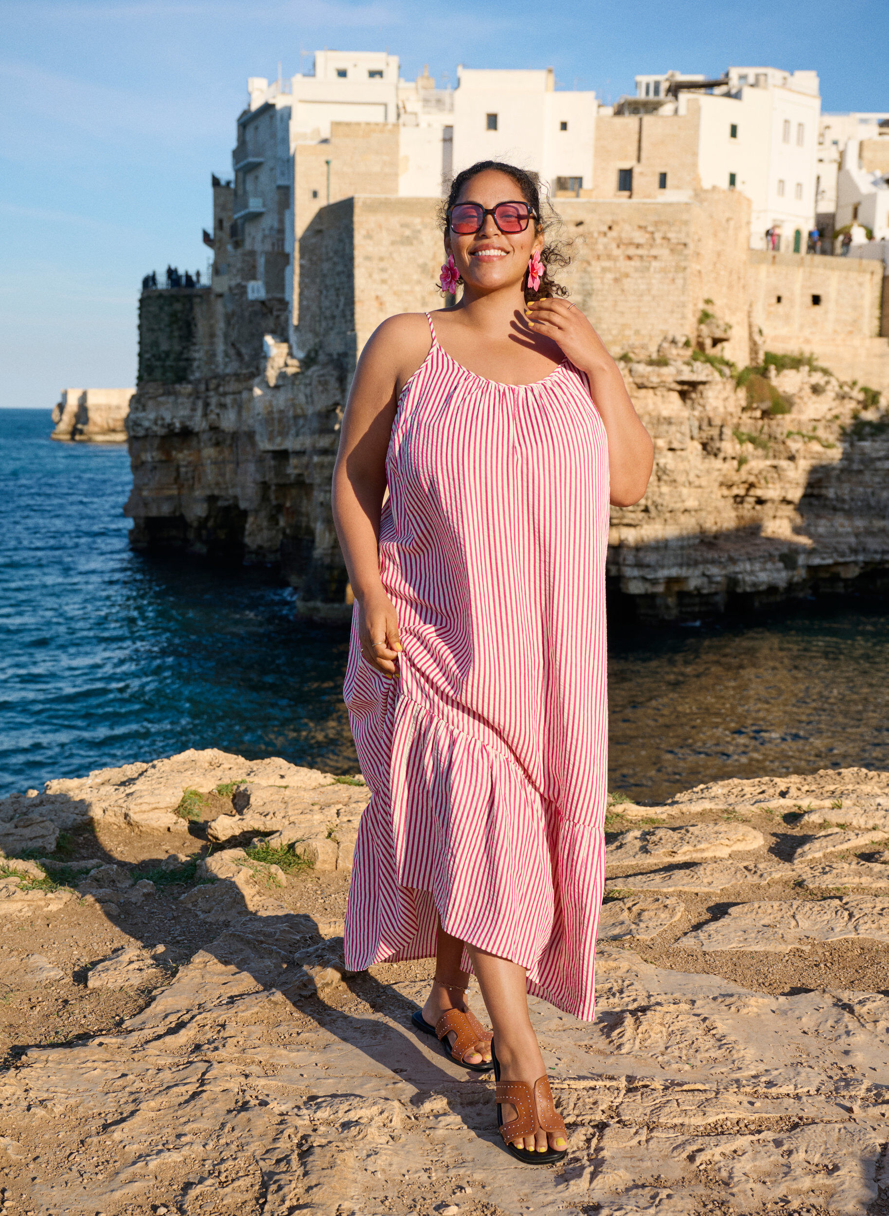 Zizzi Raidallinen ja A-linjainen kes&auml;mekko, Vaaleanpunainen, Image image number 0