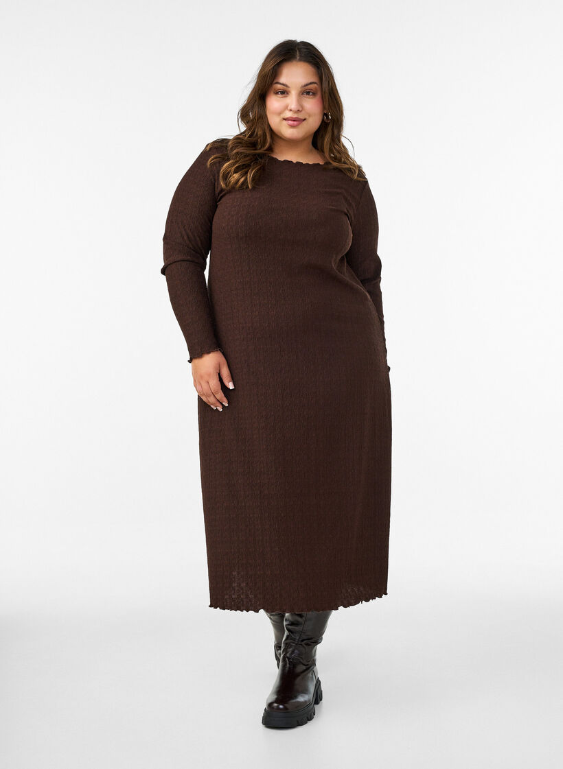 Midimekko aaltoilevalla tekstuurilla ja pitkill&auml; hihoilla, Ruskea, Model image number 0
