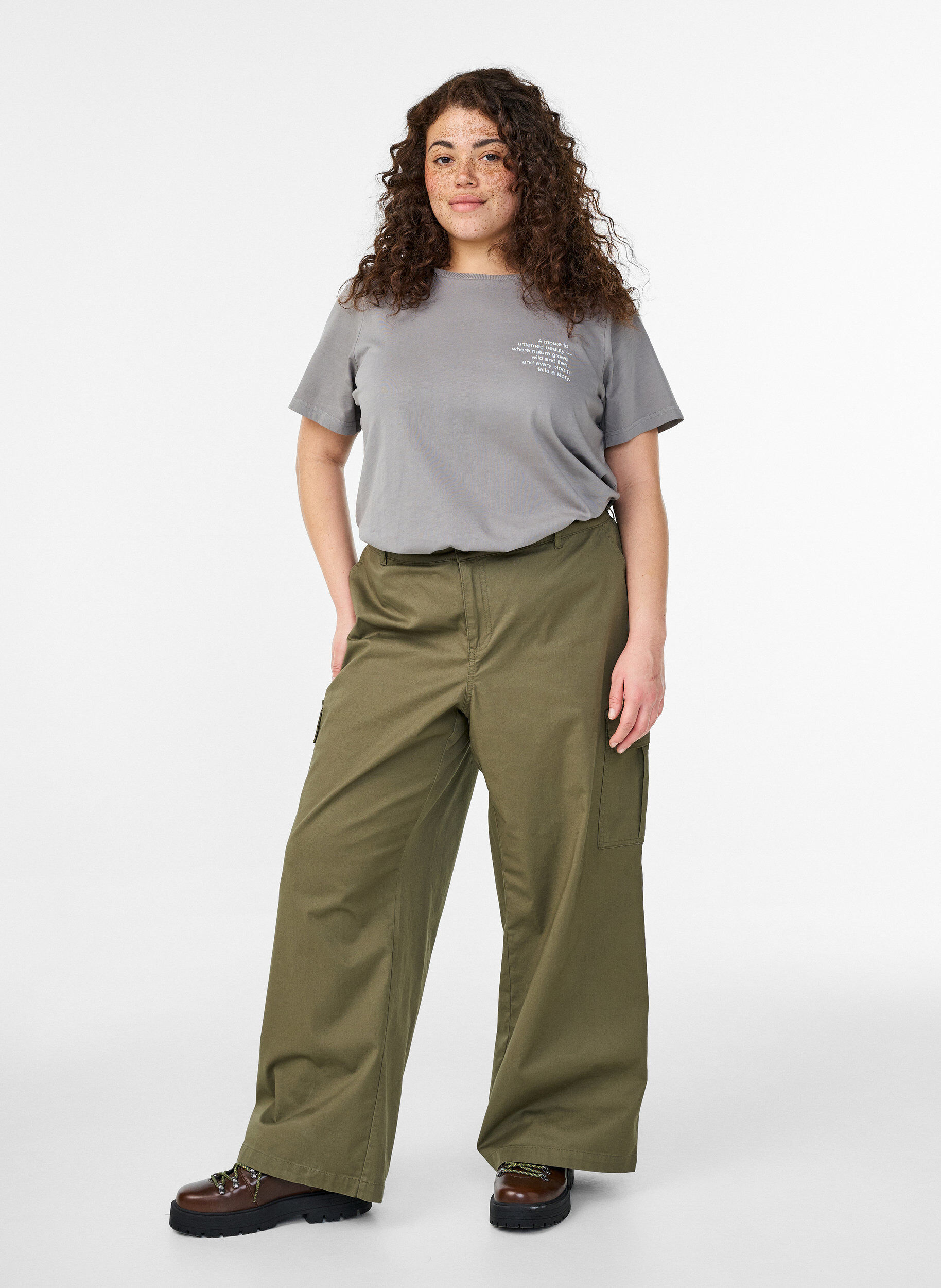 Zizzi Puuvillainen T-paita etu- ja takaprintill&auml;, Harmaa, Model image number 1