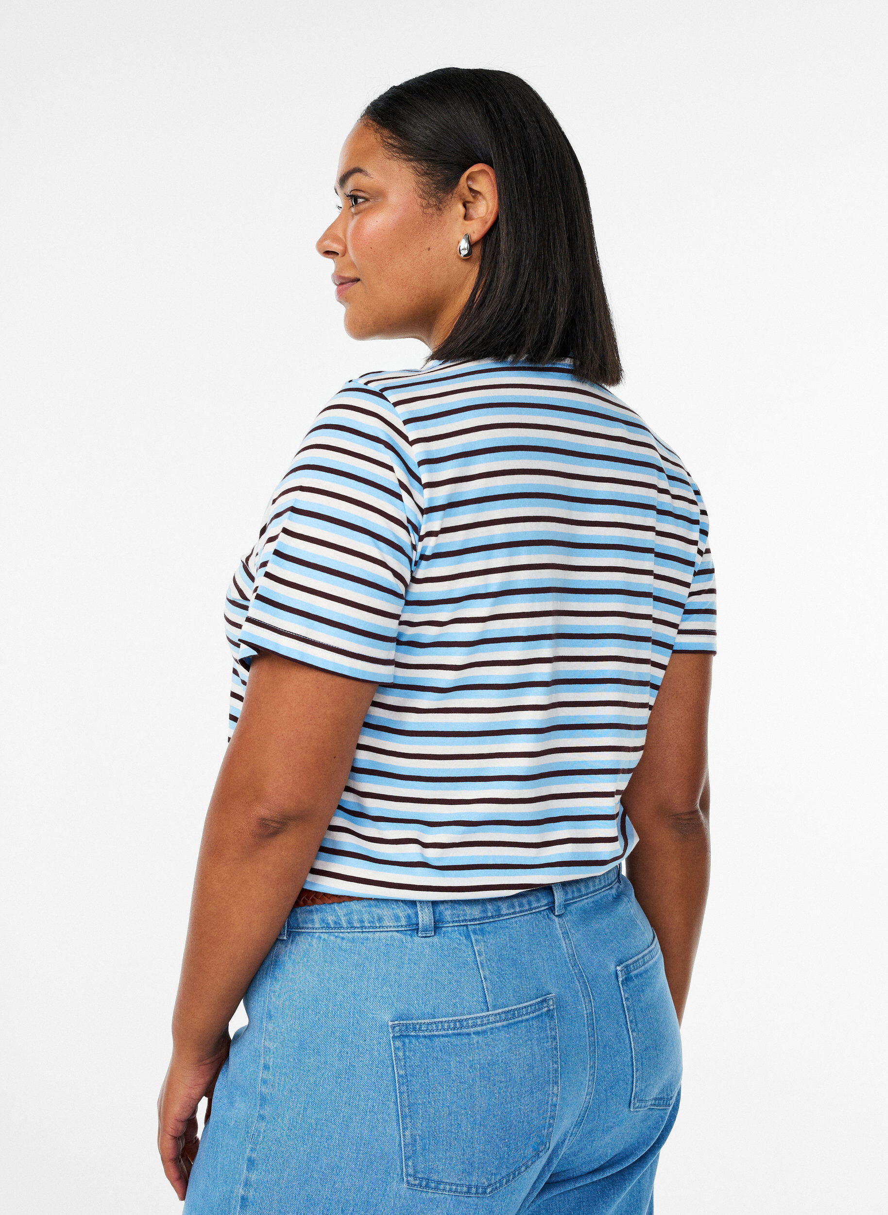 Zizzi Puuvillainen raidallinen t-paita, Sininen, Model image number 2