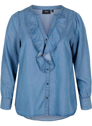 Pitkähihainen paita v-aukolla ja röyhelöllä, Blue denim, Packshot image number 0