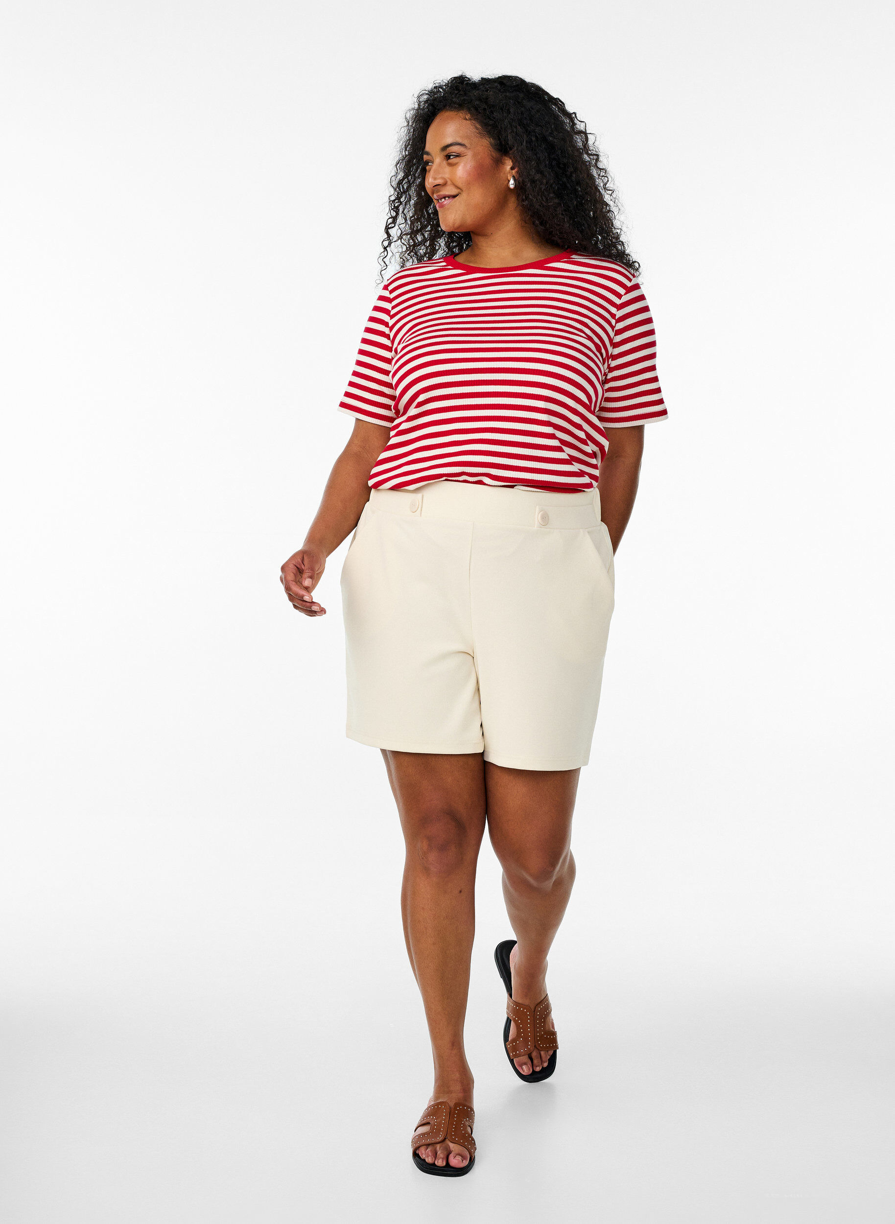 Zizzi Raidallinen ribattu T-paita, Punainen, Model image number 1