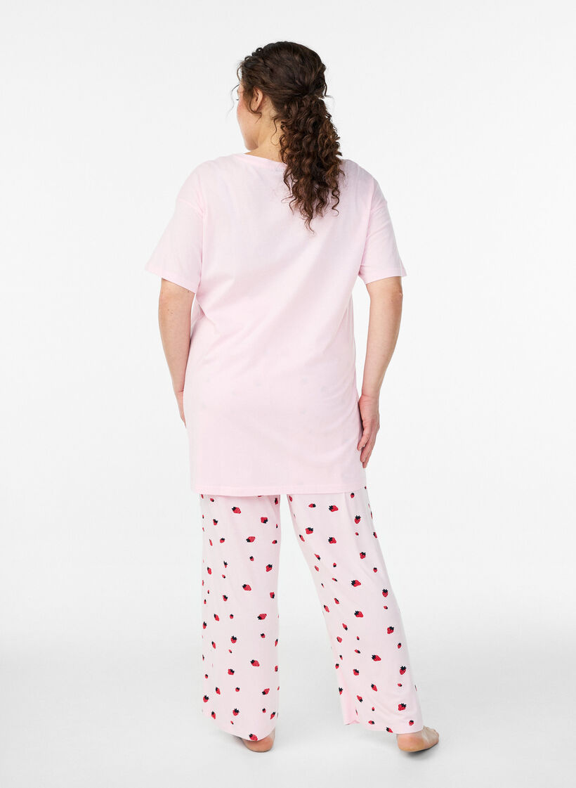 Pyjamahousut pehme&auml;st&auml; jersey-materiaalista, korkea vy&ouml;t&auml;r&ouml; ja hedelm&auml;kuosi, Vaaleanpunainen, Model image number 1