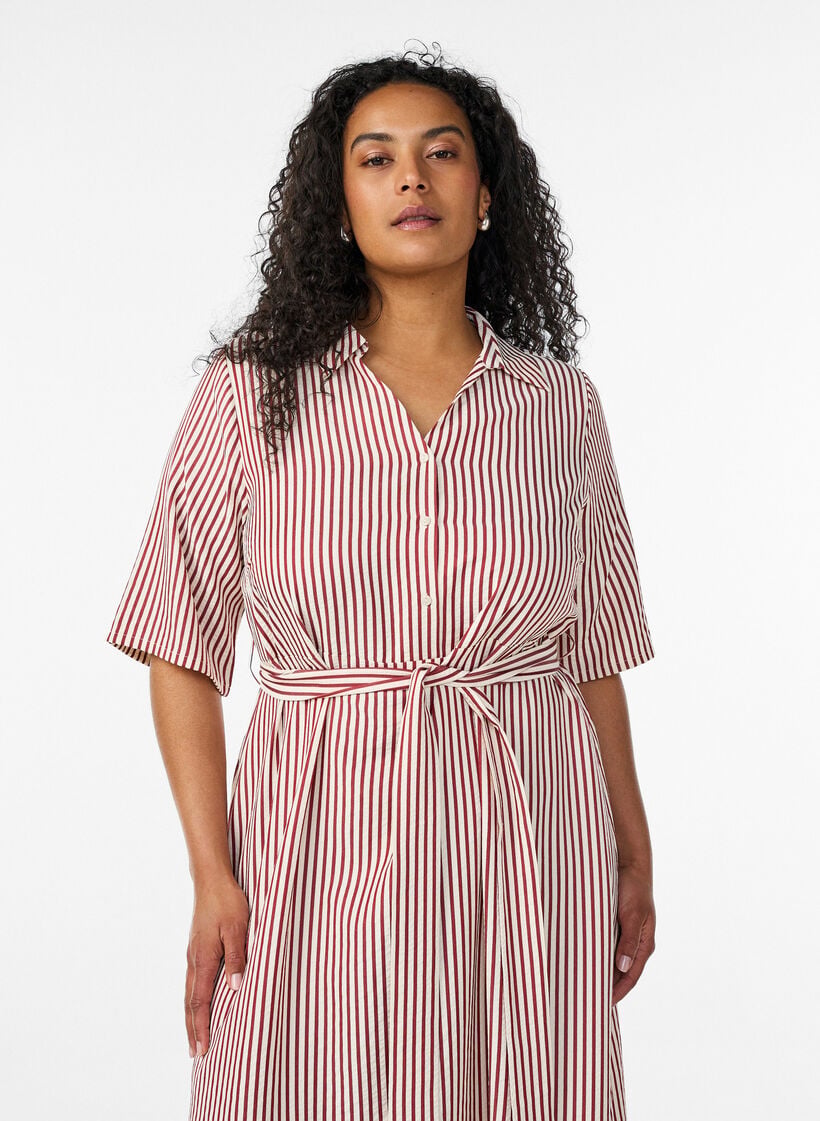 Nilkkapituinen paitamekko, jossa solmittava vy&ouml; ja raitoja, Punainen, Model image number 2
