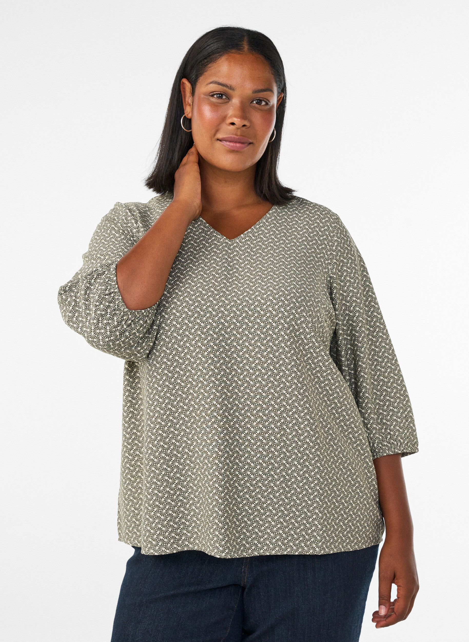 ZizziKuviollinen viskoosipusero 3/4-hihoilla, Vihre&auml;, Model image number 0