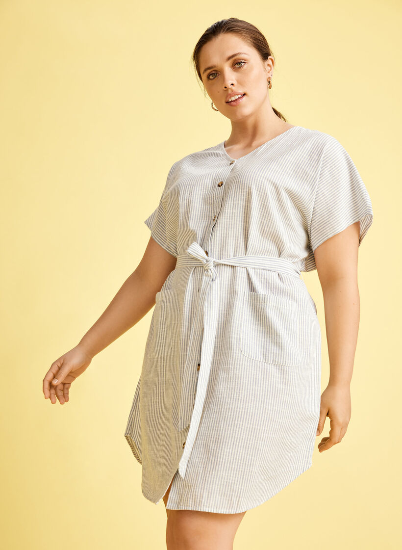 Raidallinen puuvillasta valmistettu paitamekko taskuilla, Country Blue Stripe, Image image number 0