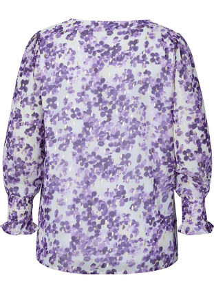 Kuosillinen, v-aukkoinen pusero pitkillä hihoilla, Beige/Purple Flower, Packshot image number 1