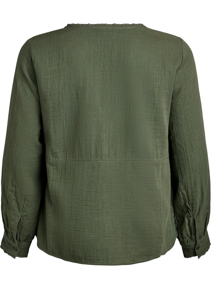 Puuvillamusliininen paitapusero virkkausyksityiskohdilla, Vihreä, Packshot image number 1