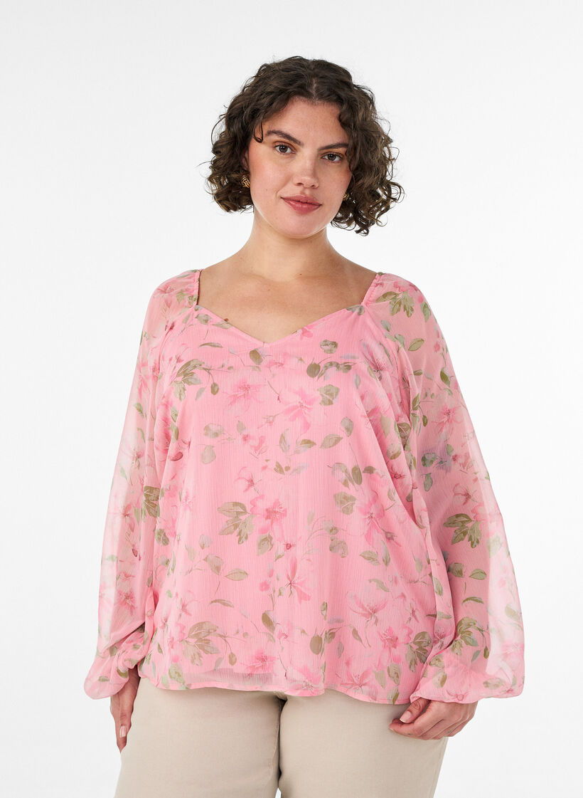 Chiffonpusero kukkakuosilla ja pitkill&auml; hihoilla, Vaaleanpunainen, Model image number 0