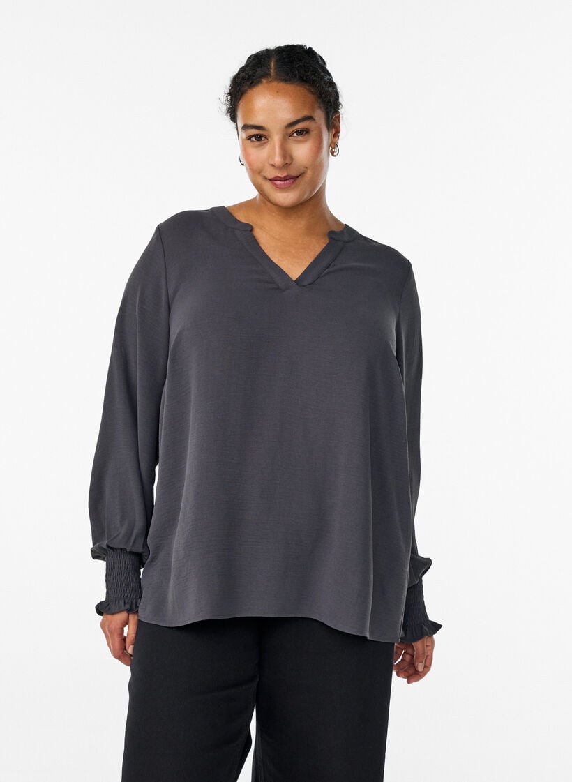 Pusero smock-kalvosimilla ja v-p&auml;&auml;ntiell&auml;, Harmaa, Model image number 0