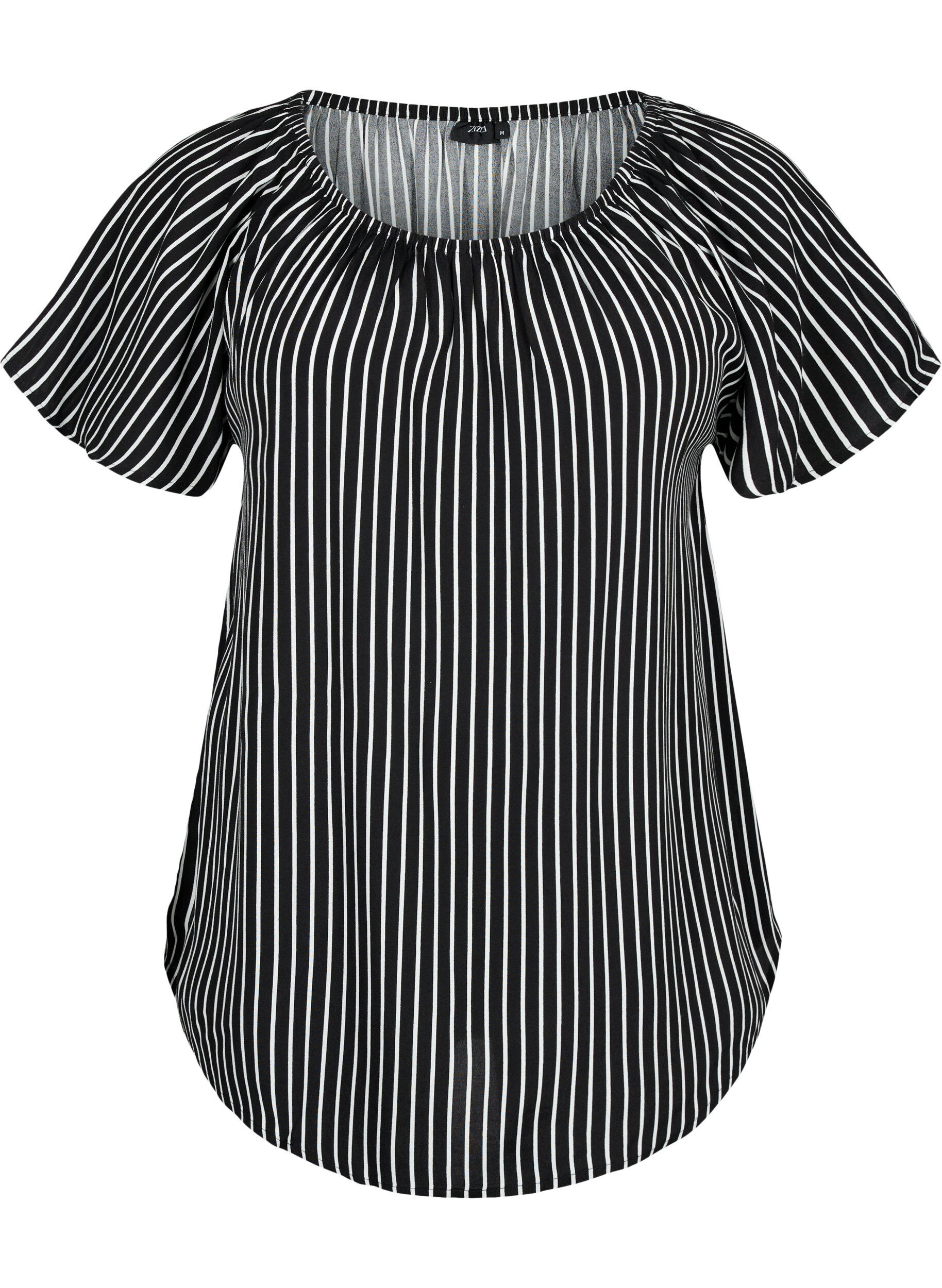 Zizzi Raidallinen lyhythihainen viskoosipusero, Black/ White Stripe, Packshot image number 0