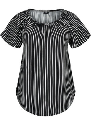 Raidallinen lyhythihainen viskoosipusero, Black/ White Stripe, Packshot image number 0