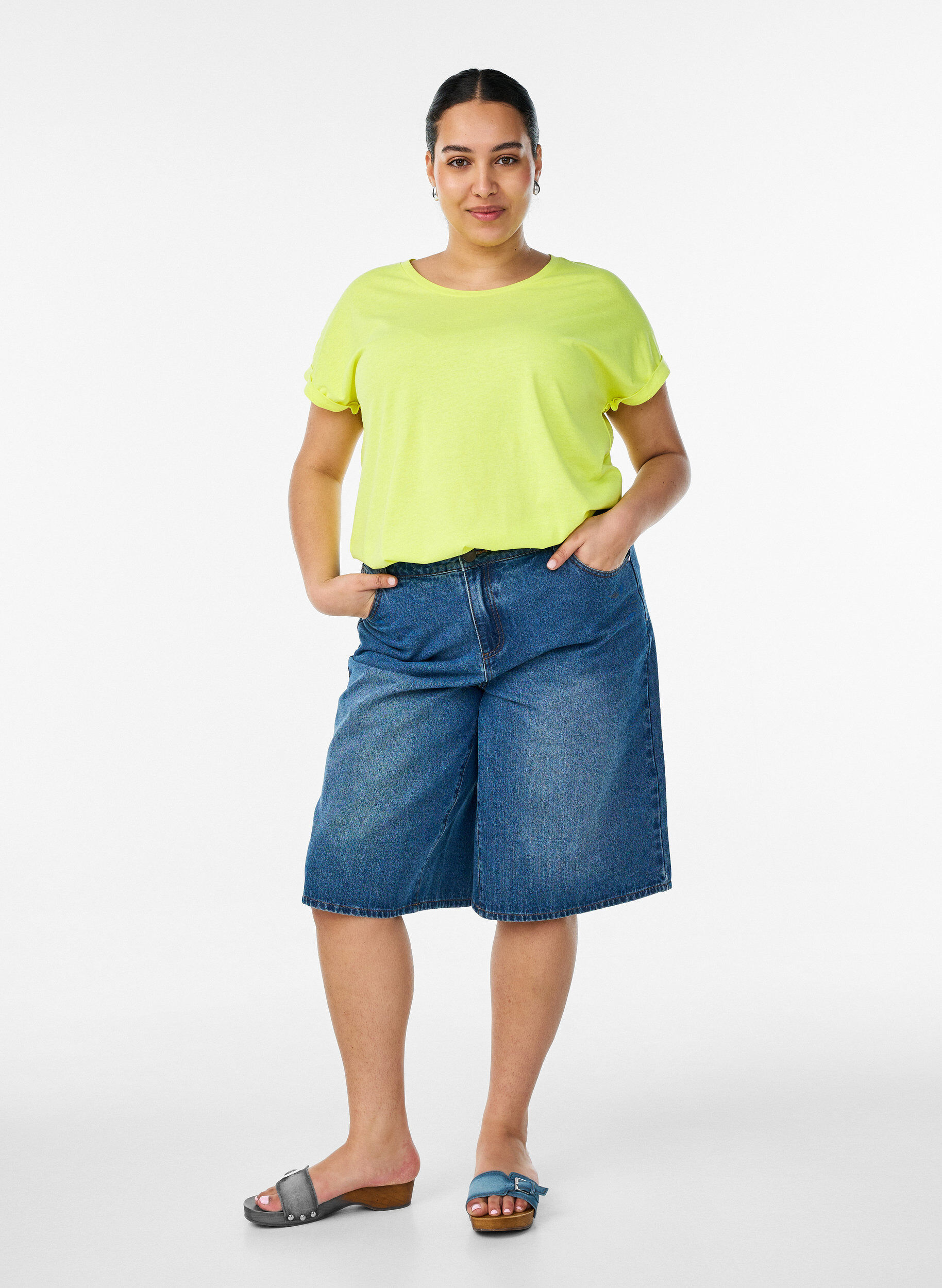 Zizzi Neonv&auml;rinen puuvillainen t-paita, Keltainen, Model image number 1