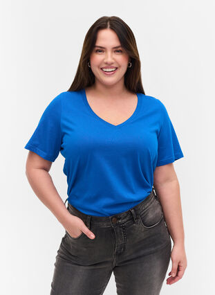 T-paita ekologisesta puuvillasta v-aukolla, Princess Blue, Model image number 0