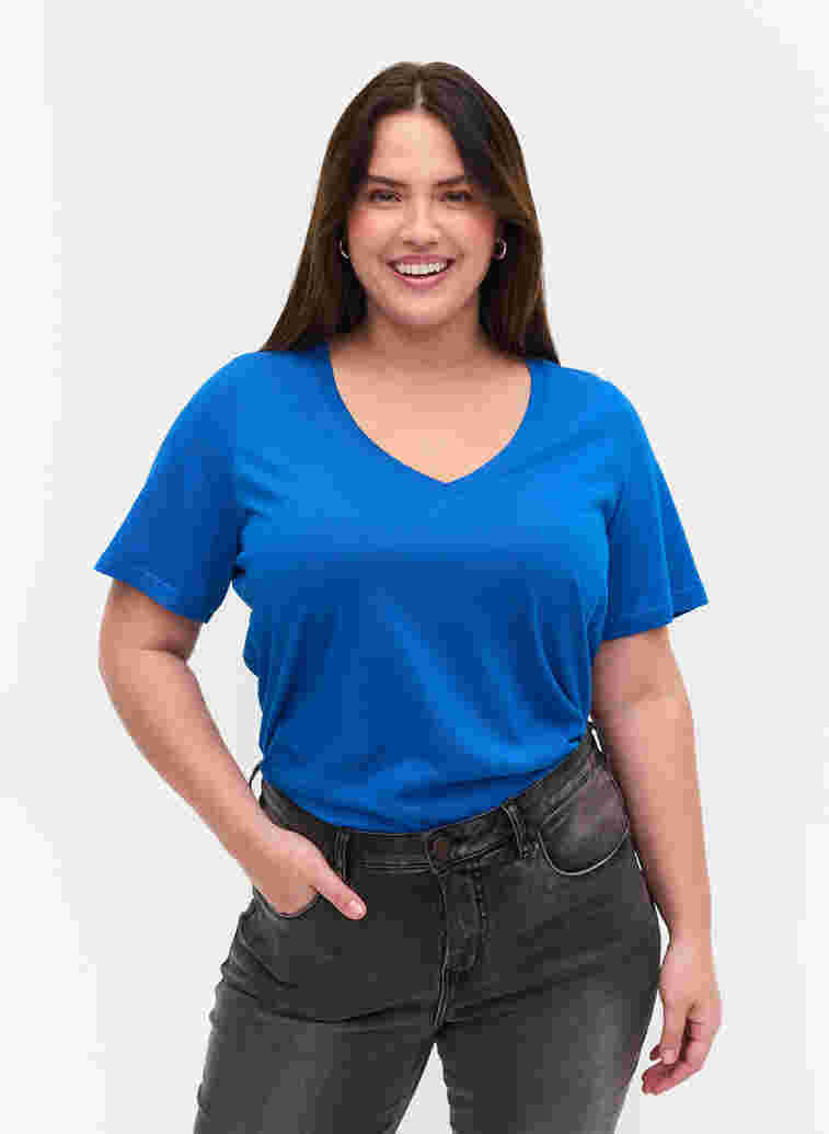 T-paita ekologisesta puuvillasta v-aukolla, Princess Blue, Model image number 0