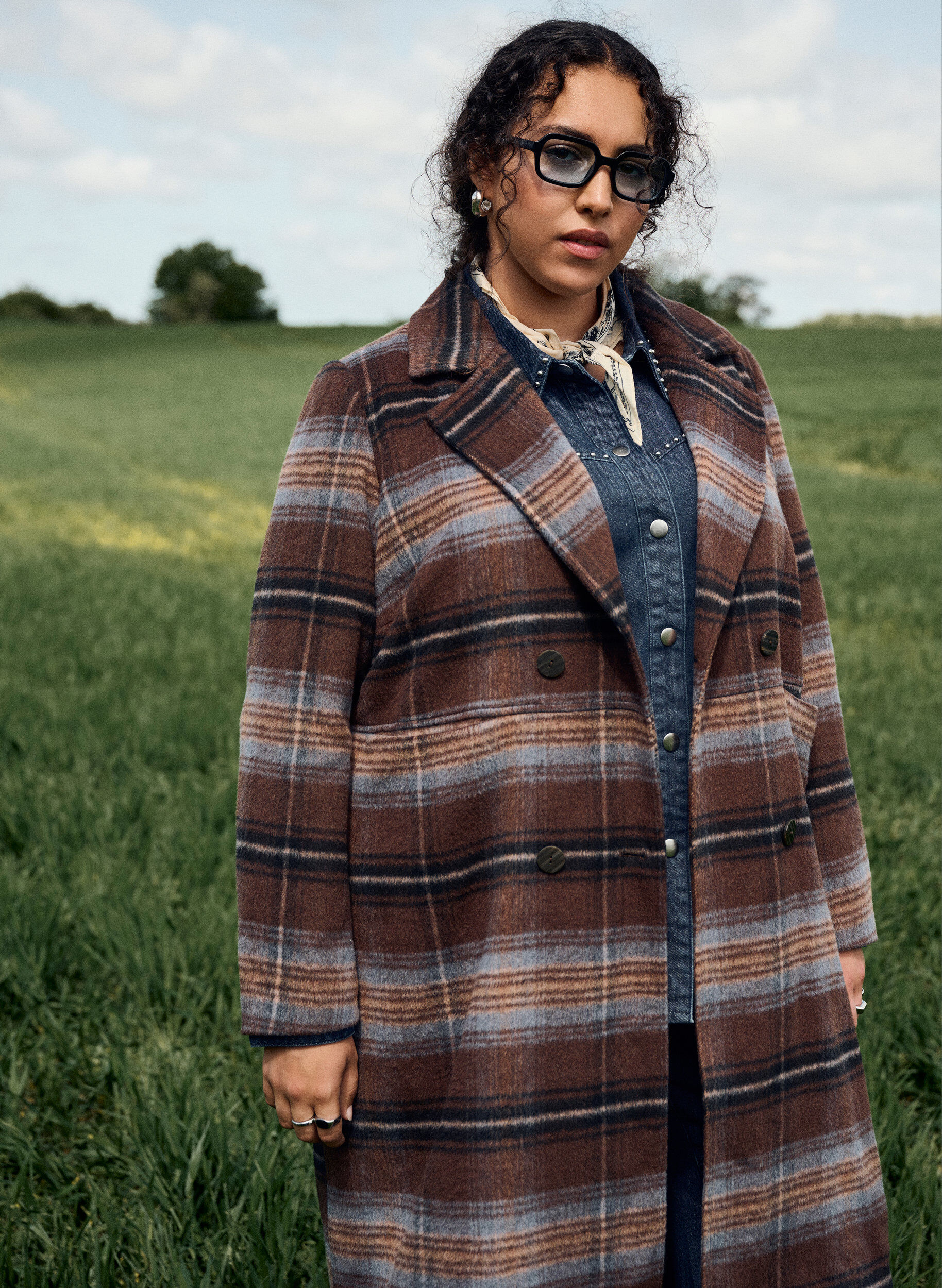 Zizzi Harjattu ruudullinen takki, Ruskea, Image image number 0