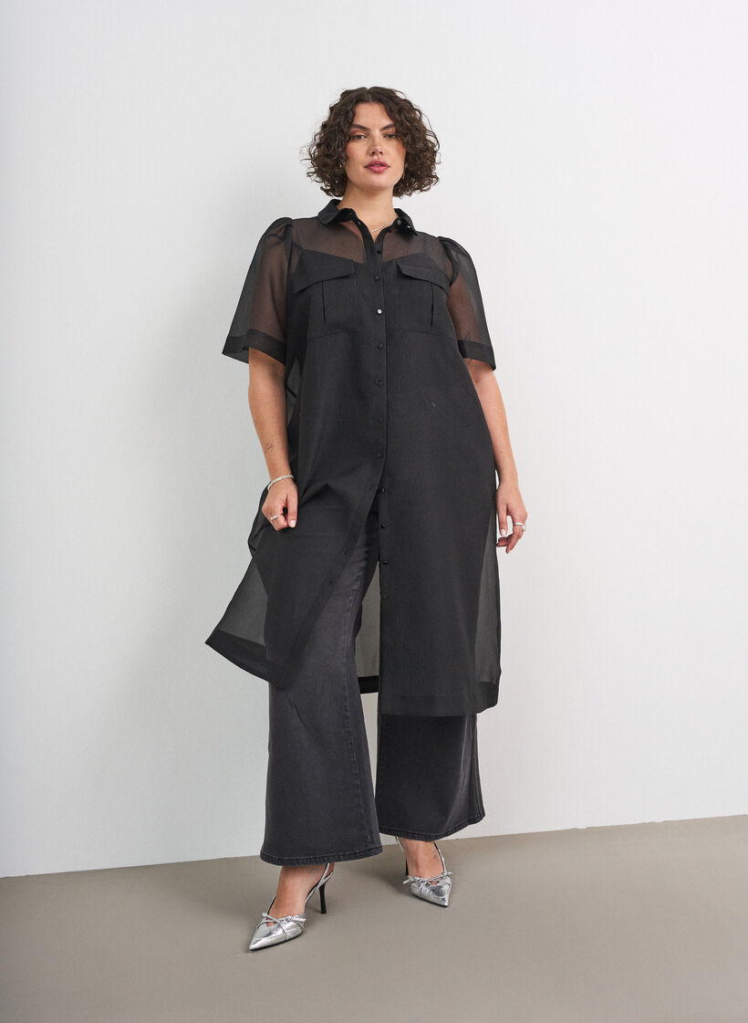 Organza-mekko rintataskuilla ja puffihihoilla, Musta, Model image number 1