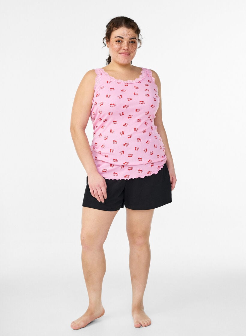 Toppi, jossa on painatus ja pitsireunus, Vaaleanpunainen, Model image number 1