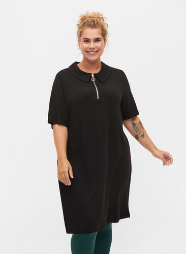 Lyhythihainen mekko kauluksella ja vetoketjulla, Black, Model image number 0