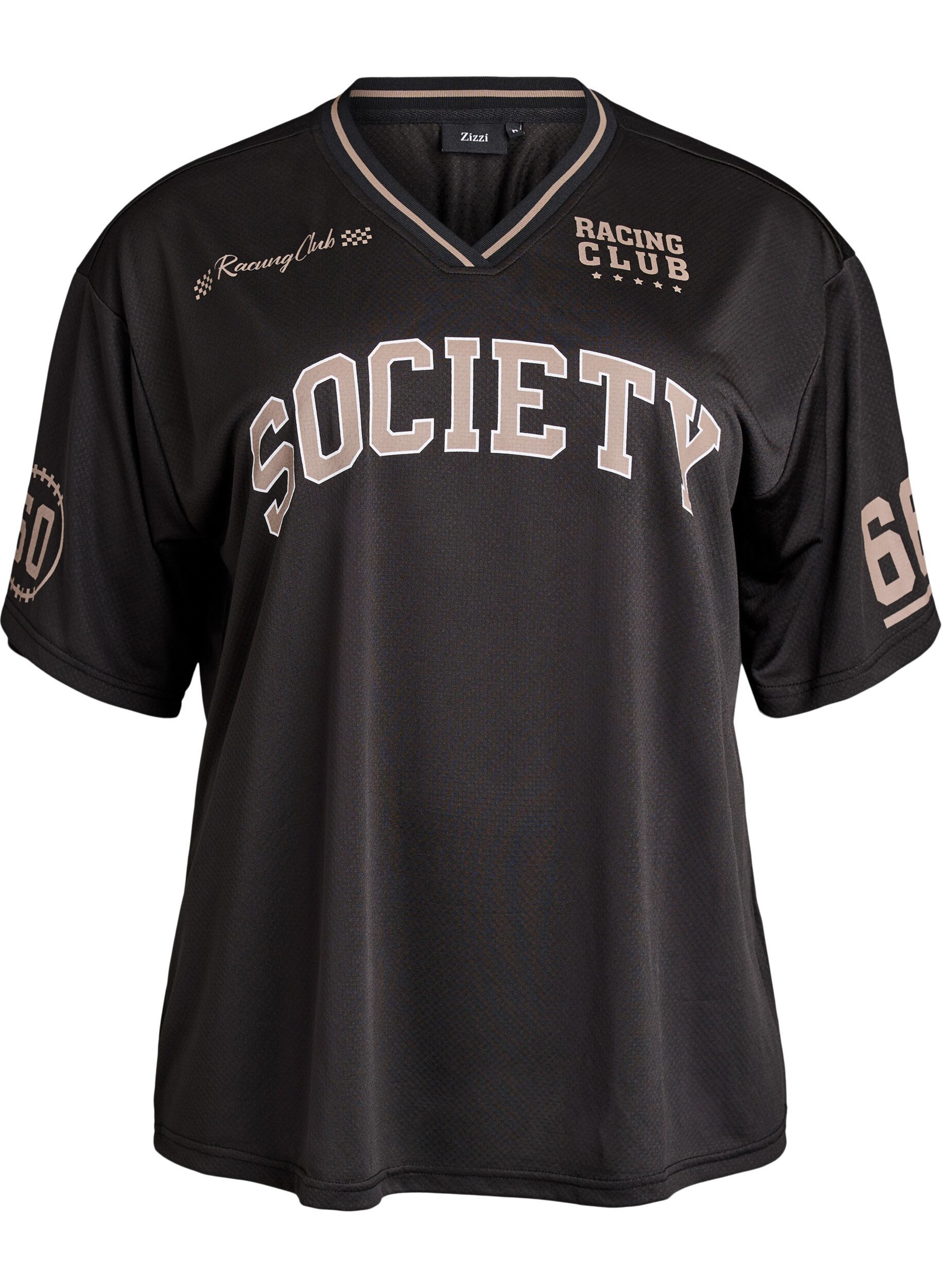 Sporttinen T-paita V-p&auml;&auml;ntiell&auml; ja racing-printill&auml;