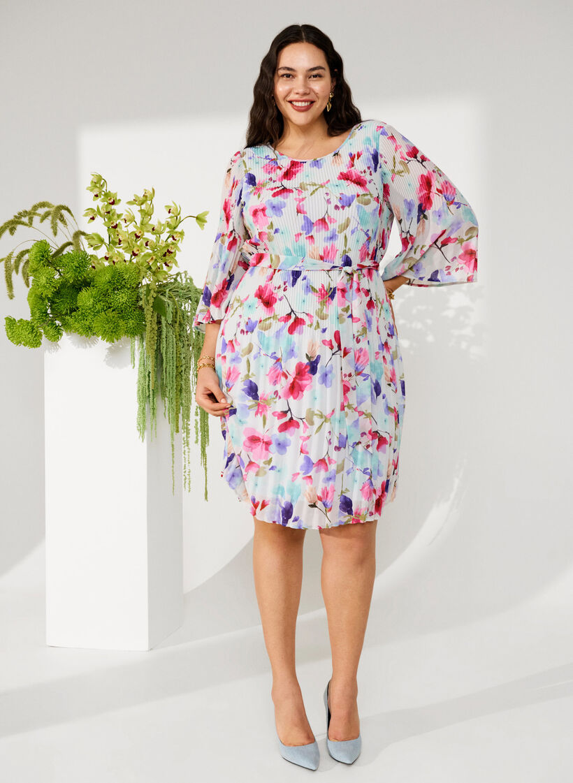 Pliseerattu mekko nauhalla, White/MultiFlowerAOP, Image image number 0