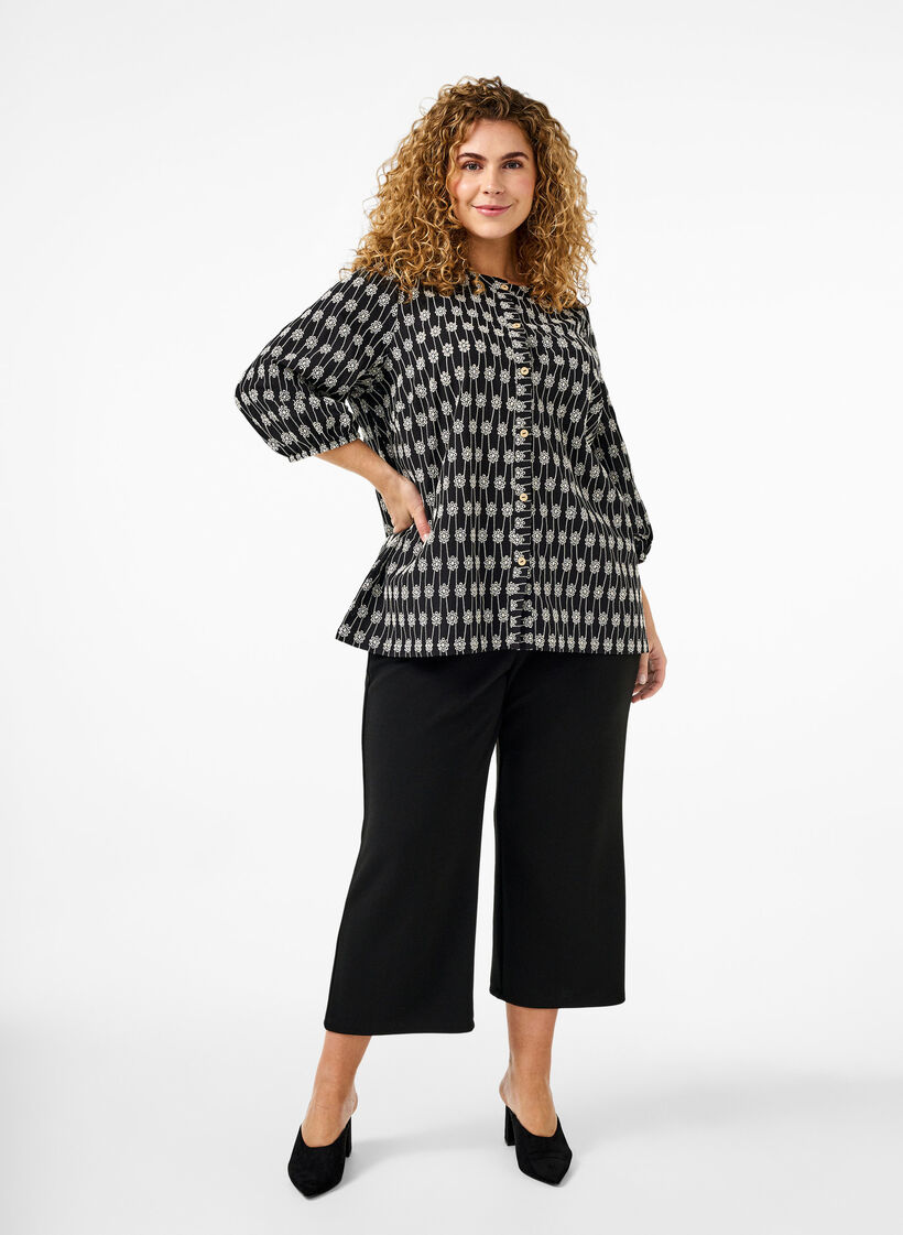 Puuvillainen paitapusero kukkakuviolla, Black, Model image number 2