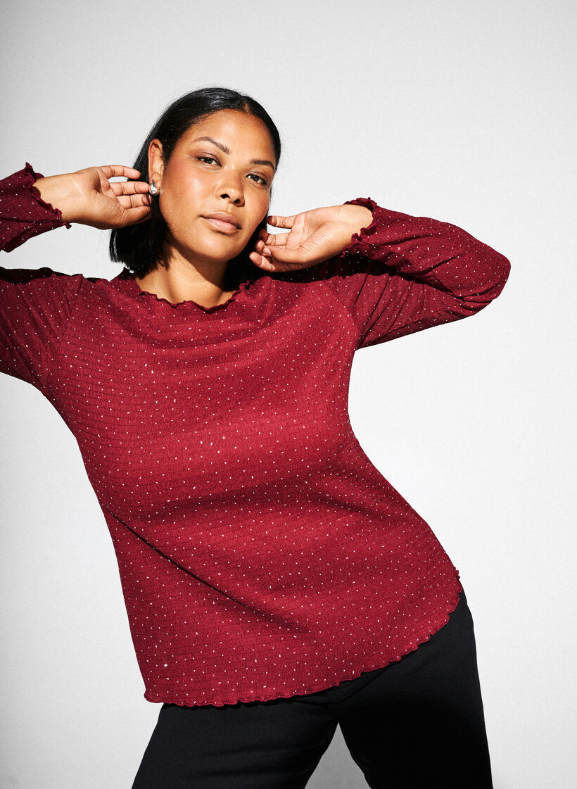 Pitkähihainen paljettipaita kristalleilla, Tumma Bordeaux, Image image number 0
