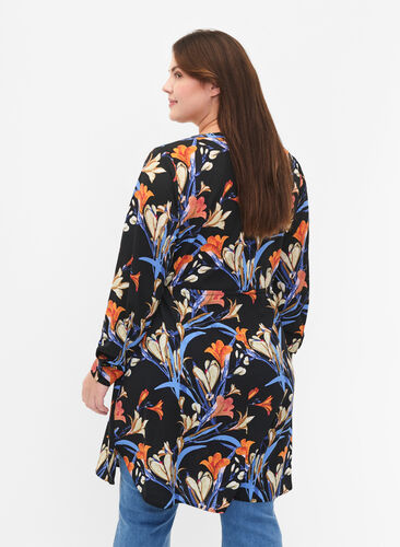 Kuvioitu mekko, jossa on kiristysnauha vyötäröllä, Black Flower AOP, Model image number 1