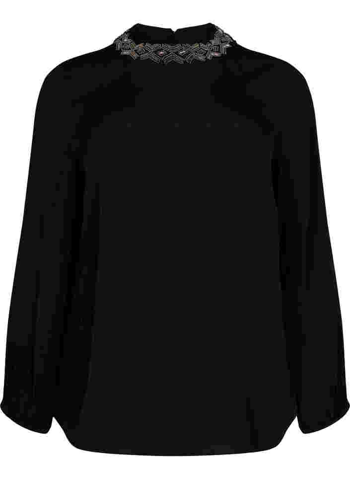 Pitkähihainen viskoosipusero helmillä, Black, Packshot image number 0