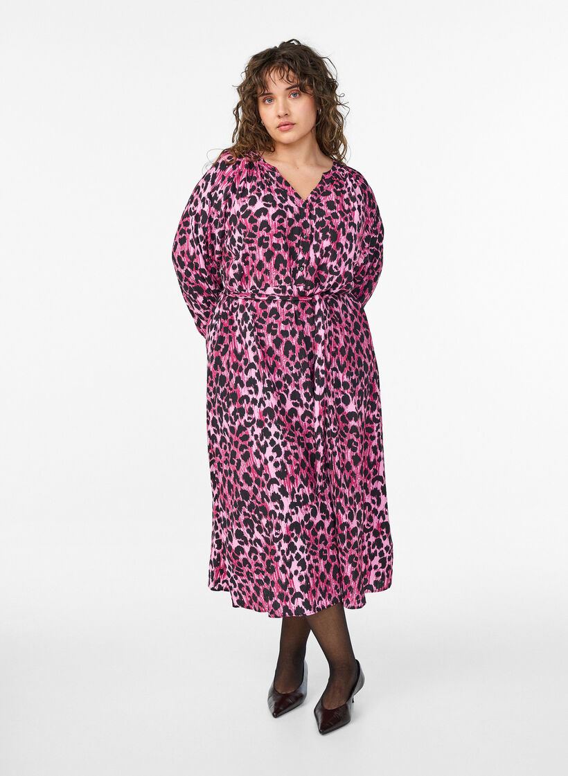 Midimekko nappikiinnityksellä ja solmittavalla vyöllä, Vaaleanpunainen, Model image number 0