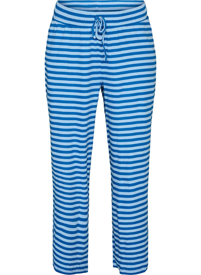 Raidalliset pyjamahousut korkealla vy&ouml;t&auml;r&ouml;ll&auml; ja leveill&auml; lahkeilla, Sininen, Packshot image number 0