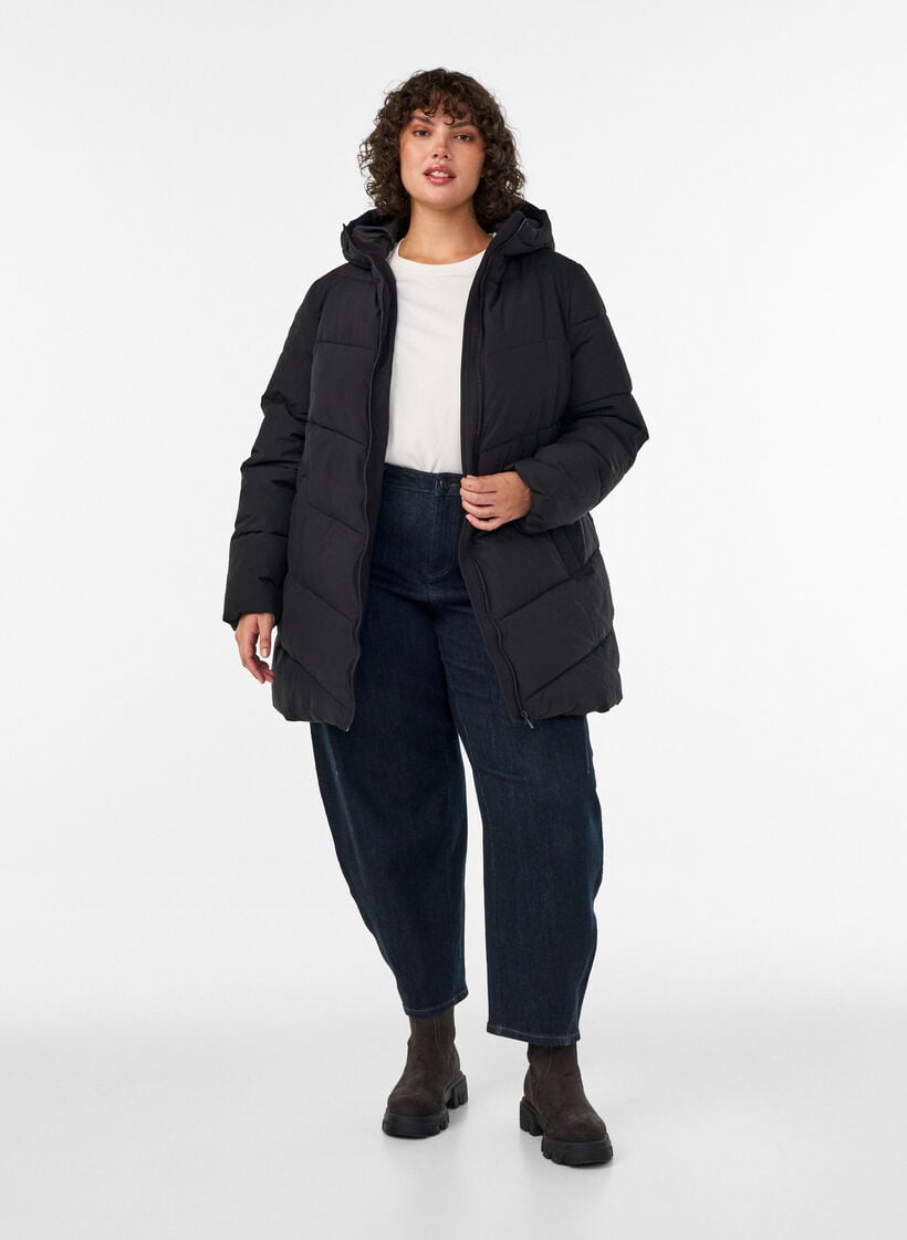Keskipitk&auml; toppatakki hupulla, Musta, Model image number 1