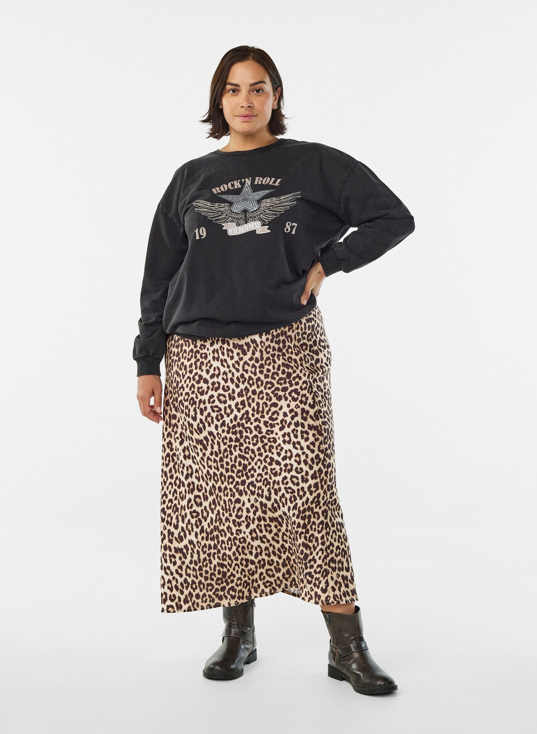 Zizzi Satiininen midi-hame, Ruskea, Model image number 0