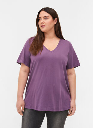 T-paita ekologisesta puuvillasta v-aukolla, Vintage Violet, Model image number 0