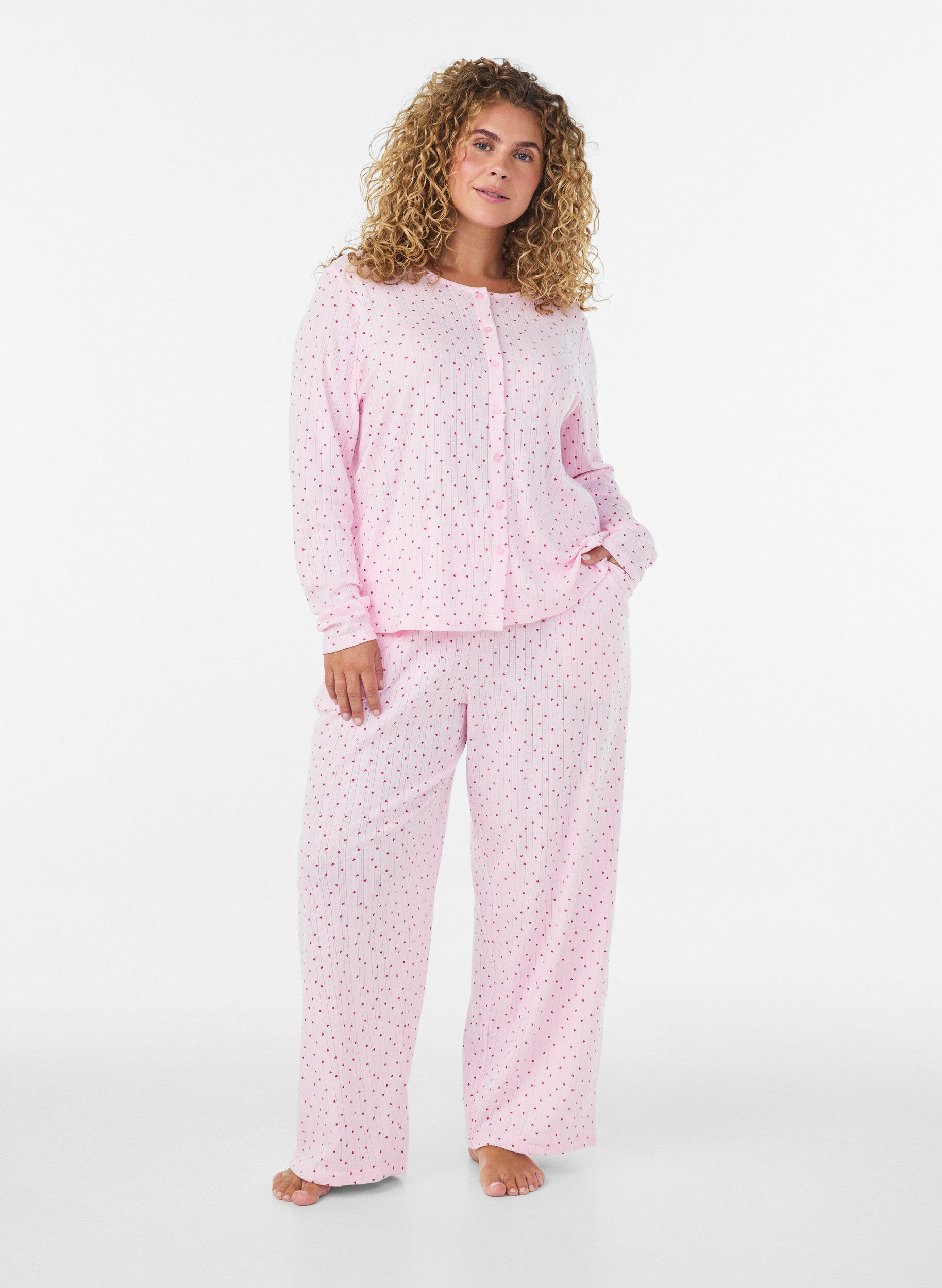 ZizziLuomupuuvillaiset pyjamahousut rei'itettyll&auml; kirjailulla, Vaaleanpunainen, Model image number 1