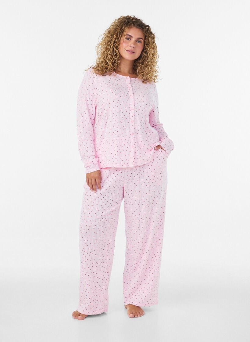Luomupuuvillaiset pyjamahousut rei'itettyll&auml; kirjailulla, Vaaleanpunainen, Model image number 1
