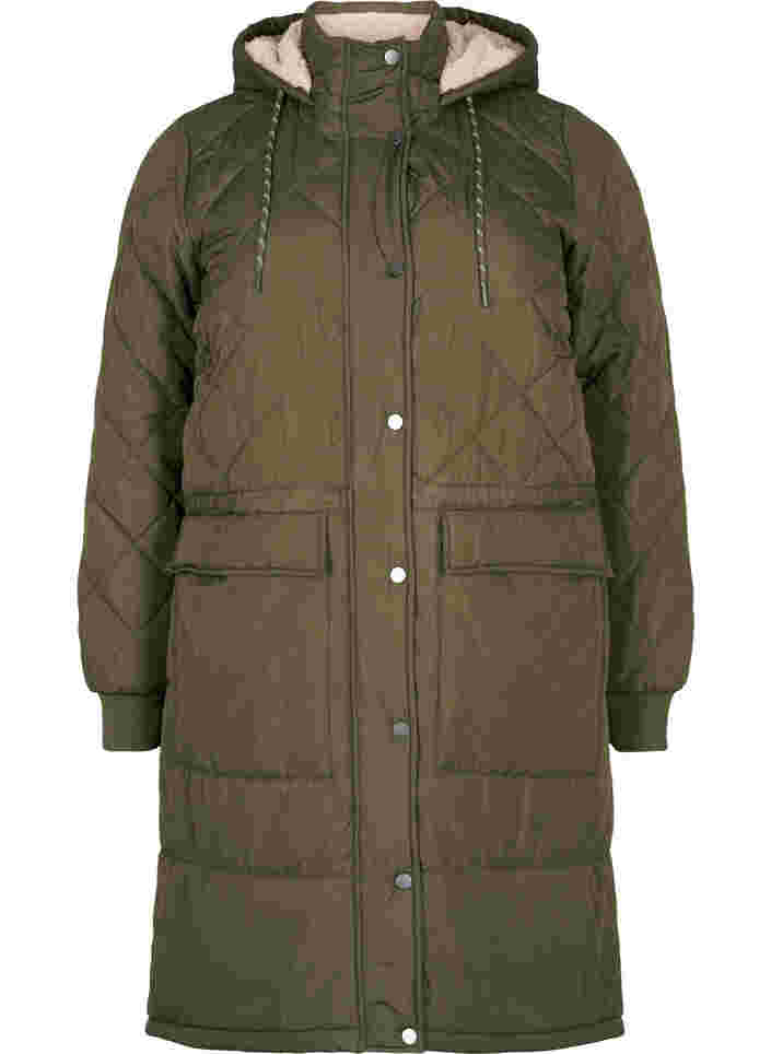 Tikattu takki hupulla ja säädettävällä vyötäröllä, Forest Night, Packshot image number 0